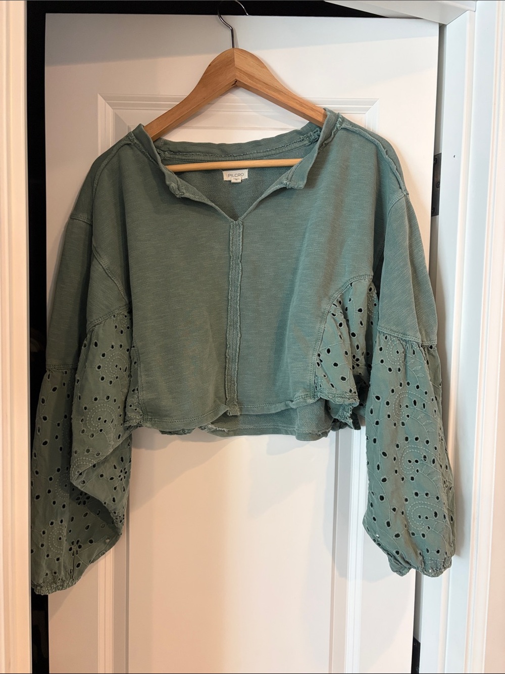 Anthropologie Pilcro Sage Green Cropped Eyelet Bell-Sleeve Pullover